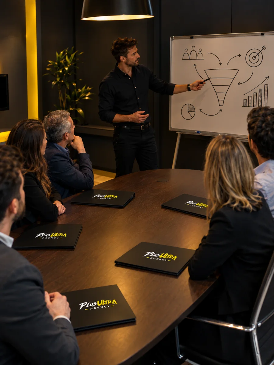 Reunión de estrategia en PlusUltra Agency: un hombre explica un embudo de marketing en una pizarra ante un equipo sentado a una mesa ovalada